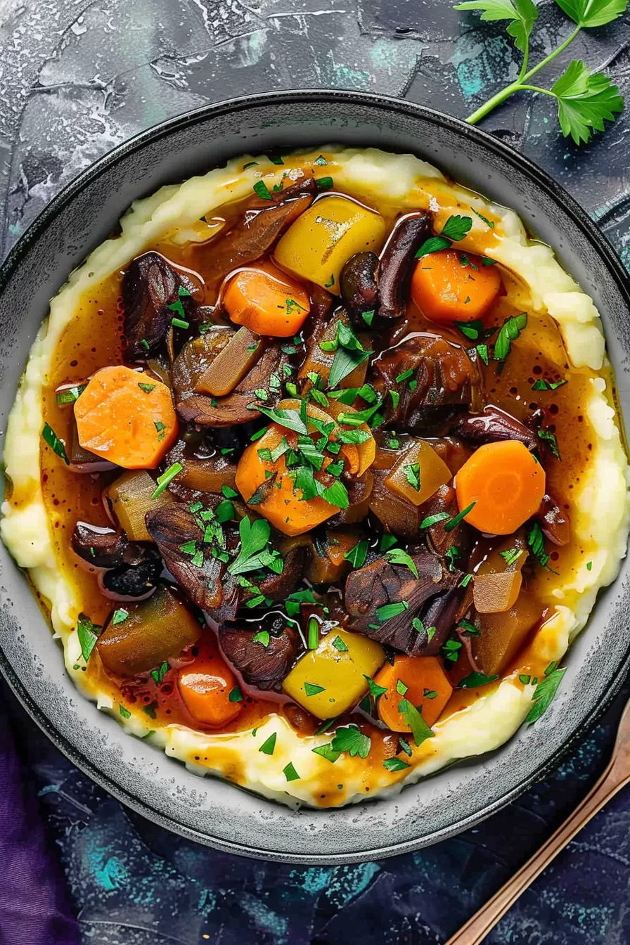 A rustic bowl of venison stew with carrots, mushrooms, and peas, served with a sprinkle of chopped parsley.