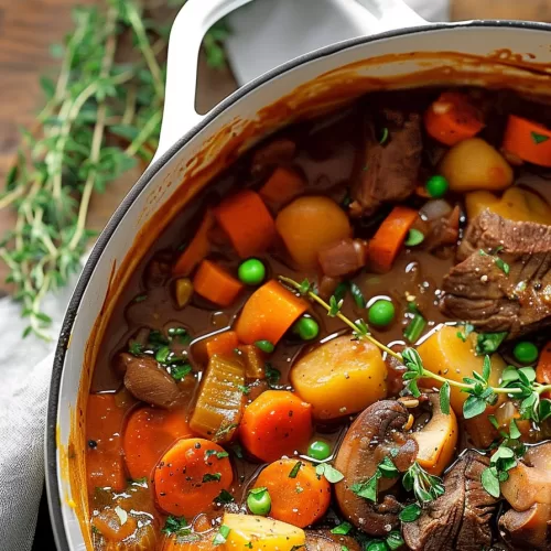 A pot filled with venison stew, showcasing vibrant root vegetables and herbs in a rich, savory broth.