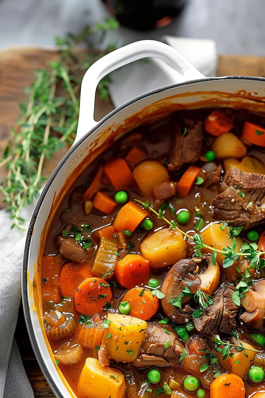 A pot filled with venison stew, showcasing vibrant root vegetables and herbs in a rich, savory broth.