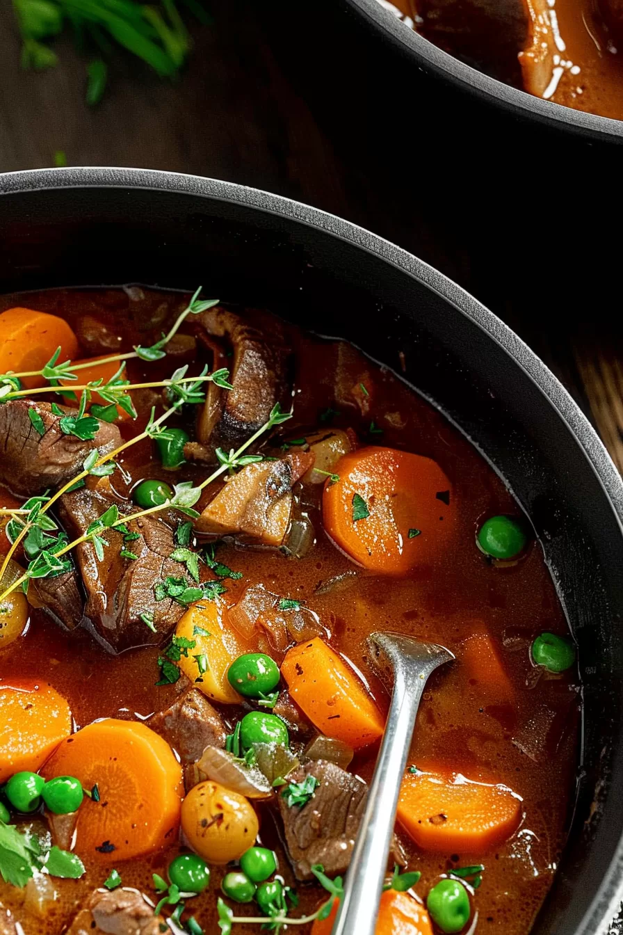 Close-up of a hearty bowl of venison stew with tender chunks of meat, carrots, and potatoes garnished with fresh herbs.