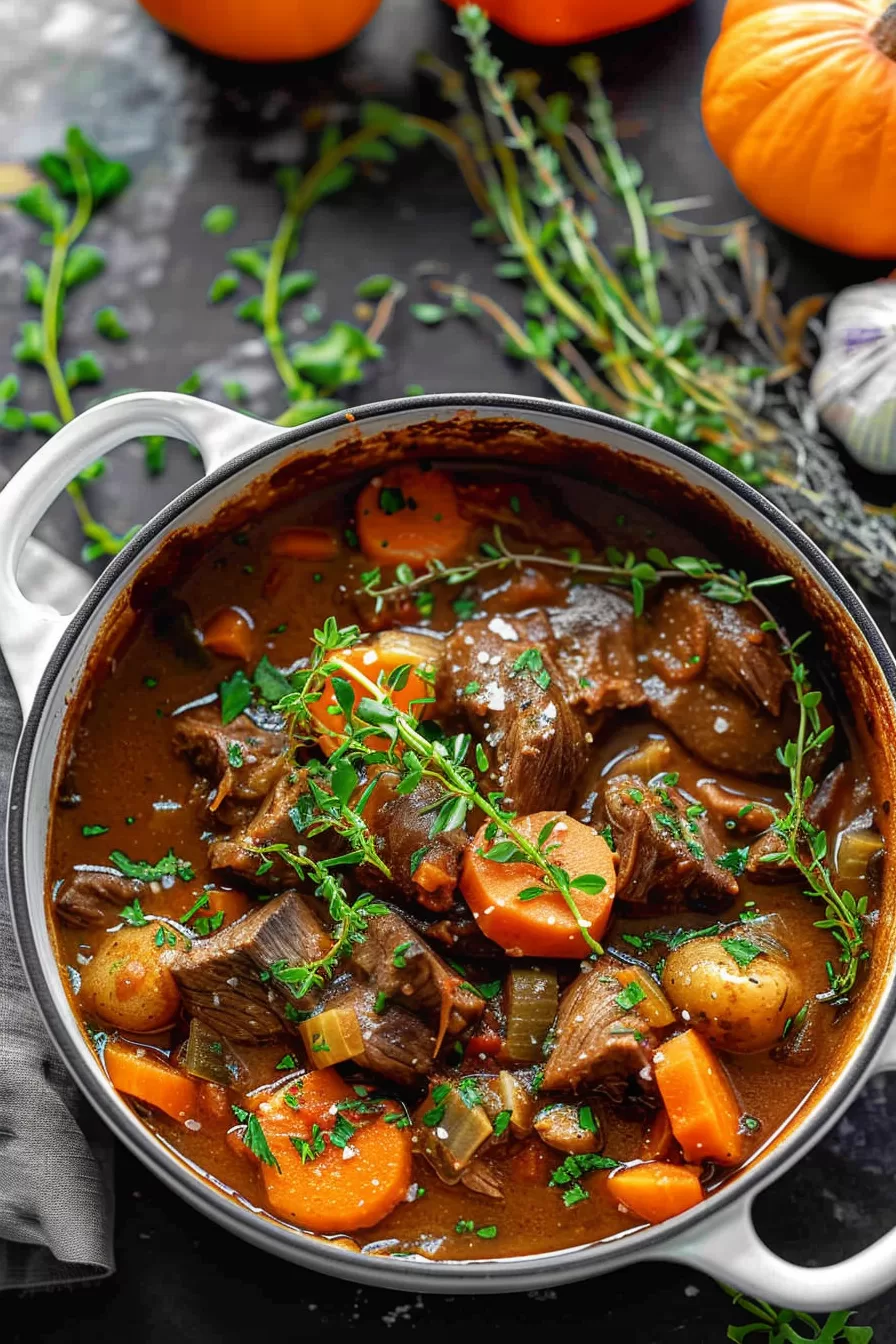 Top view of a comforting venison stew served with mashed potatoes, highlighting the thick, glossy sauce and colorful vegetables.