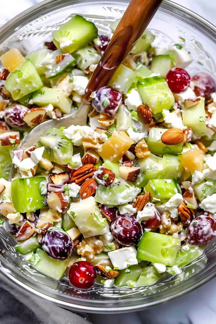 A close-up of a fresh fruit and nut salad featuring chopped green apples, red grapes, and pecans mixed with a tangy dressing.