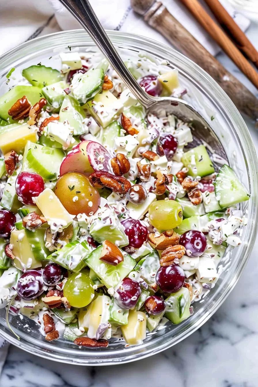 A vibrant salad with crisp apples, juicy grapes, crunchy nuts, and creamy dressing in a clear glass bowl, ready for serving.