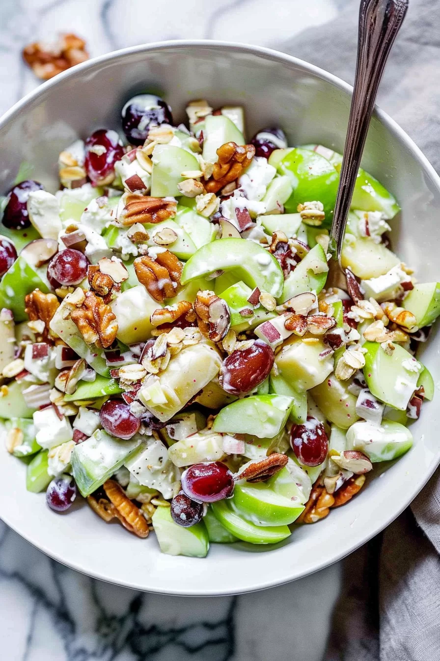 A colorful bowl of Waldorf Salad with sliced cucumbers, grapes, feta cheese, and walnuts, beautifully tossed and coated in dressing.