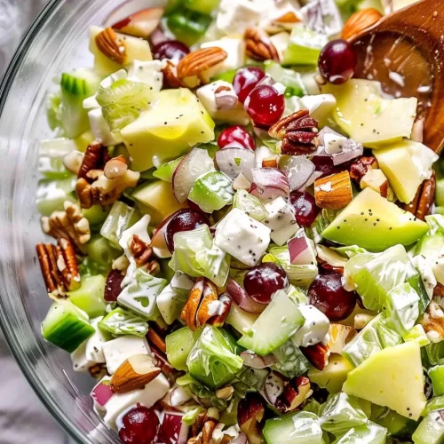 A delicious medley of fresh fruit and nuts mixed with creamy dressing, highlighting grapes, apples, cucumbers, and almonds in a glass bowl.