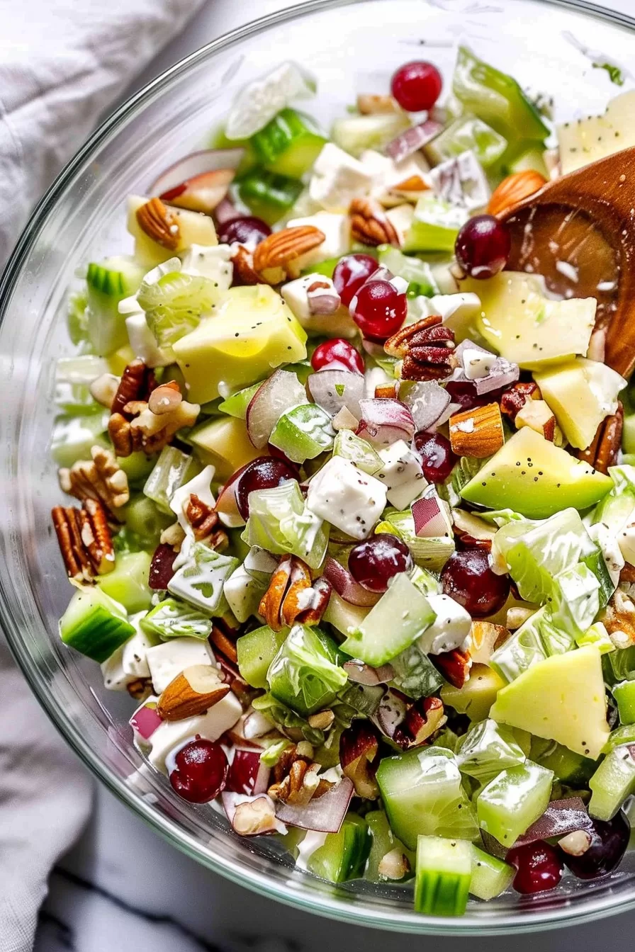 A delicious medley of fresh fruit and nuts mixed with creamy dressing, highlighting grapes, apples, cucumbers, and almonds in a glass bowl.