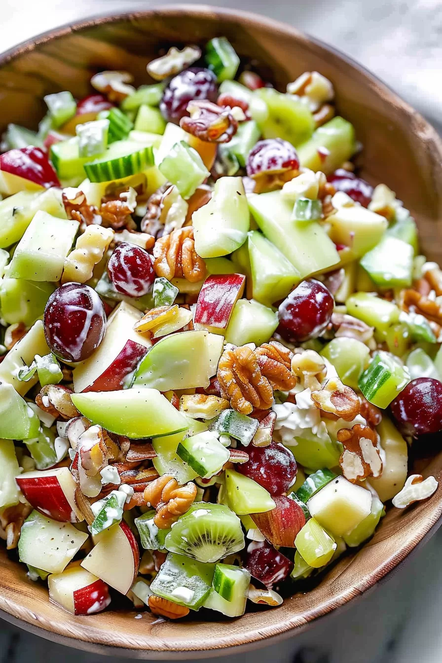 A rustic wooden bowl filled with a healthy salad of apples, grapes, nuts, and cheese cubes, topped with a light drizzle of dressing.