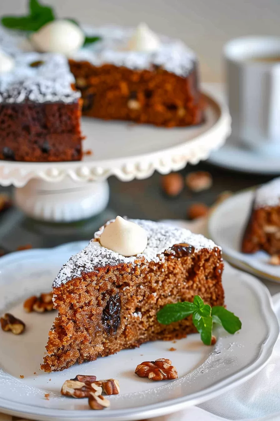 A cross-section of walnuts and dates cake bun on a white plate, paired with a cup of coffee in the background for a cozy presentation.