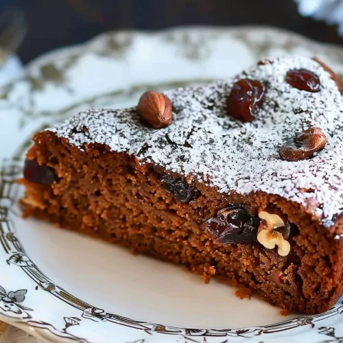 Sliced walnuts and dates cake bun on a vintage plate, highlighting its soft and spiced interior with visible chunks of nuts.