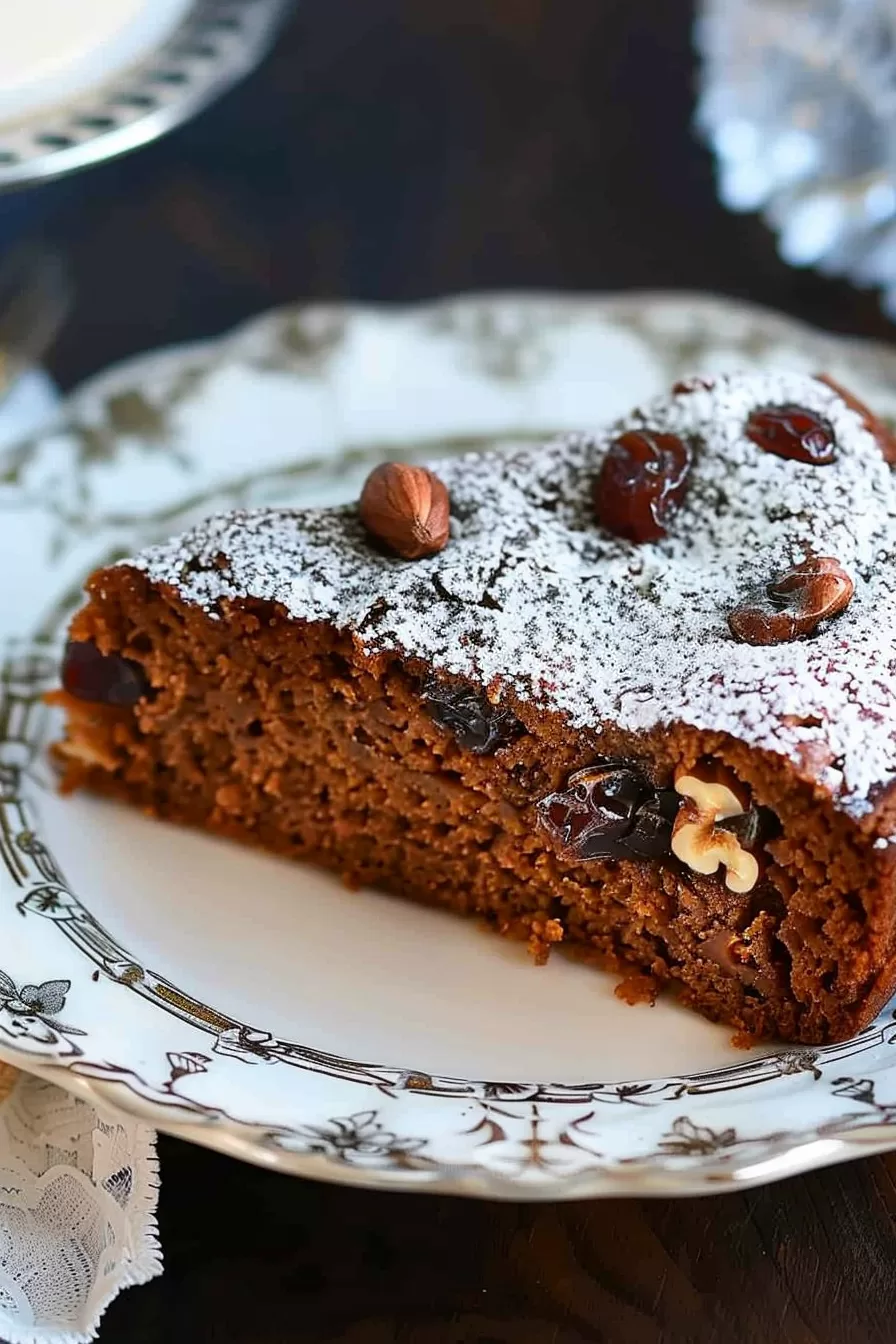 Sliced walnuts and dates cake bun on a vintage plate, highlighting its soft and spiced interior with visible chunks of nuts.