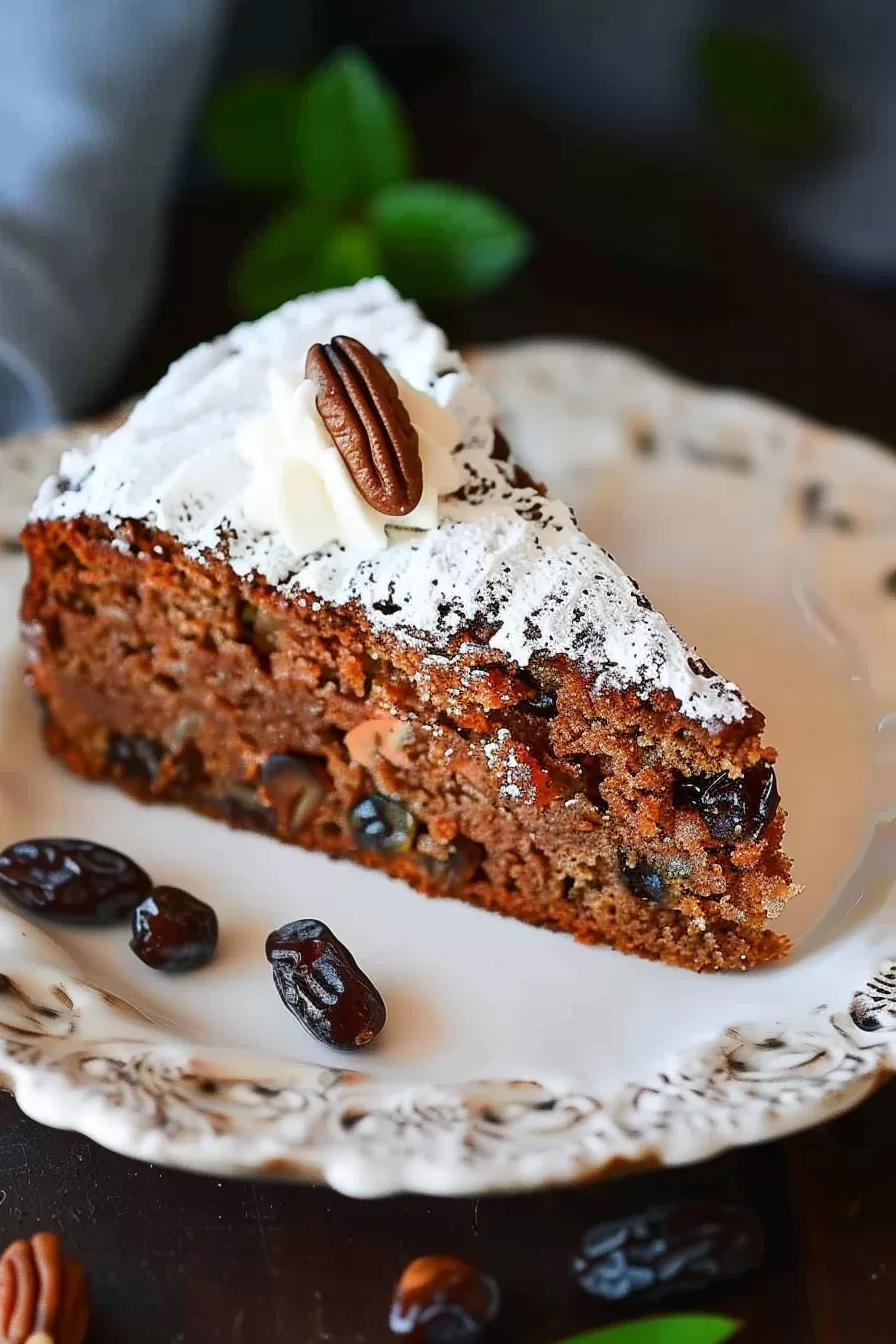 A beautifully decorated slice of walnuts and dates cake bun, showcasing its rich texture and studded with dried fruits and nuts.