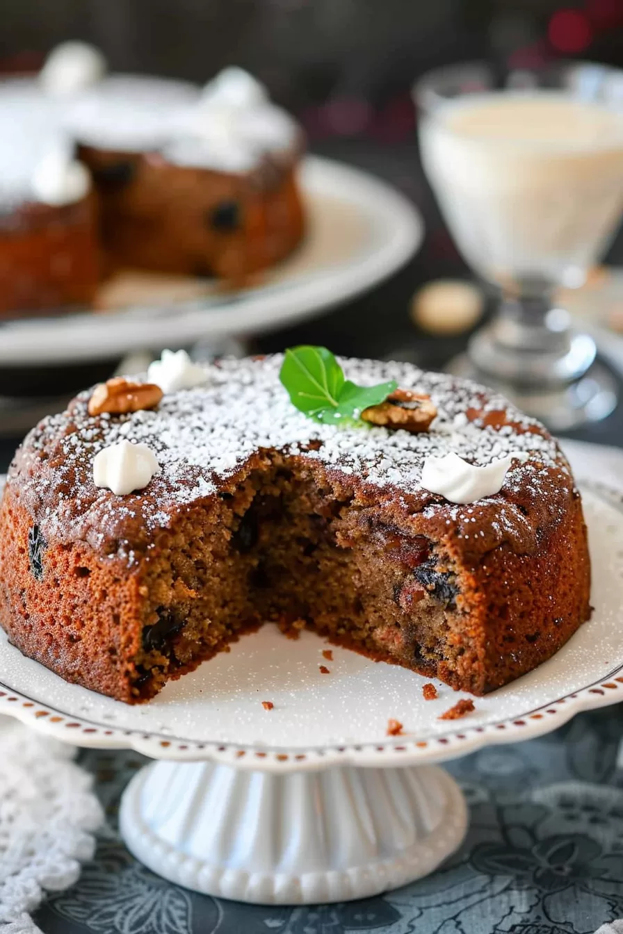 Close-up of a moist slice of walnuts and dates cake bun, topped with powdered sugar and a dollop of whipped cream, garnished with a mint leaf.