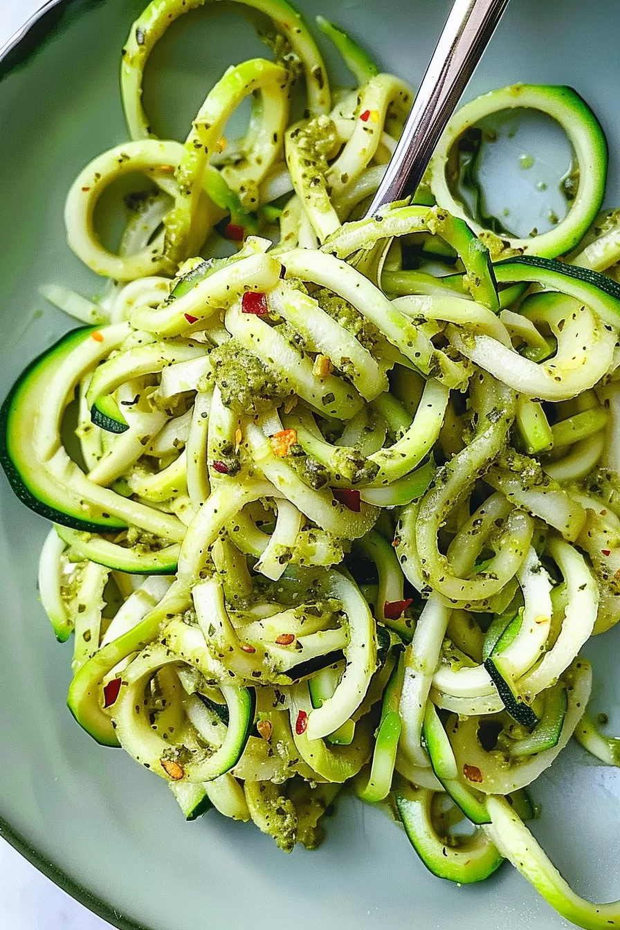 A close-up of freshly spiralized zucchini noodles coated in vibrant green pesto and garnished with red pepper flakes.