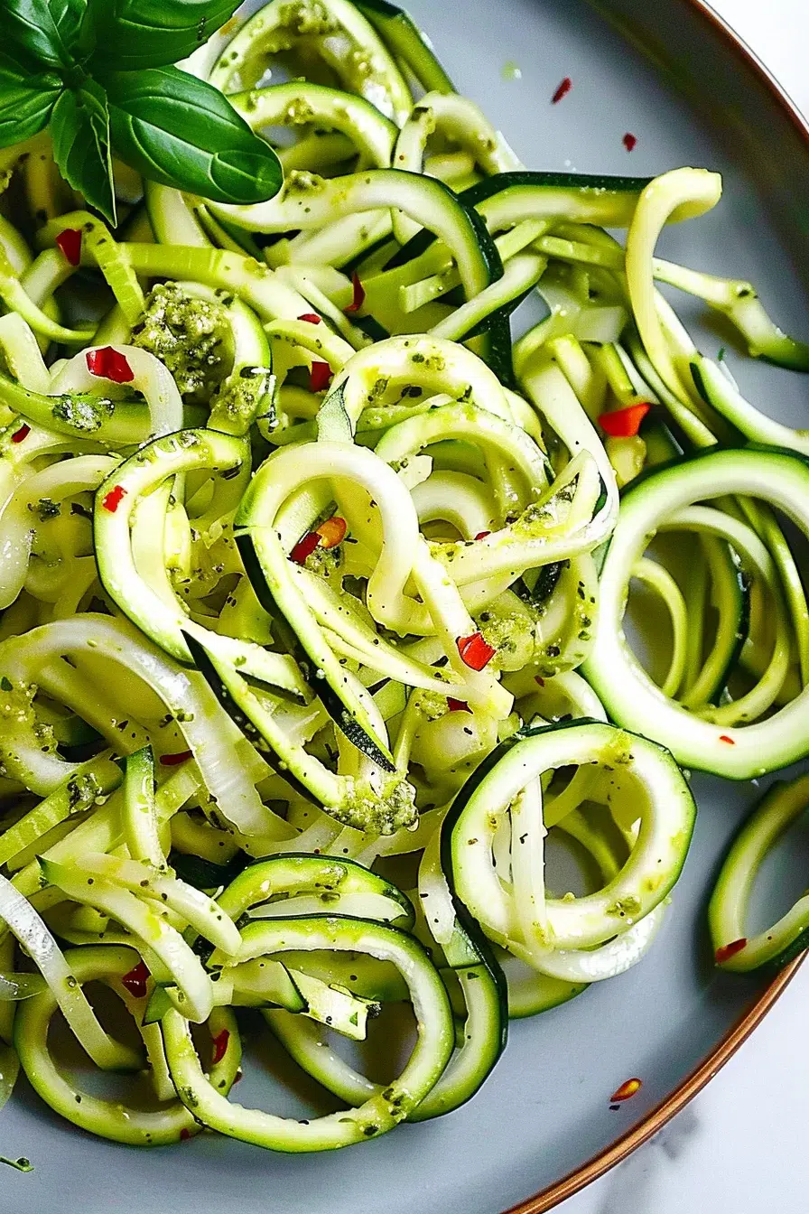 A serving of zucchini noodles elegantly arranged on a plate with fresh basil leaves as garnish.