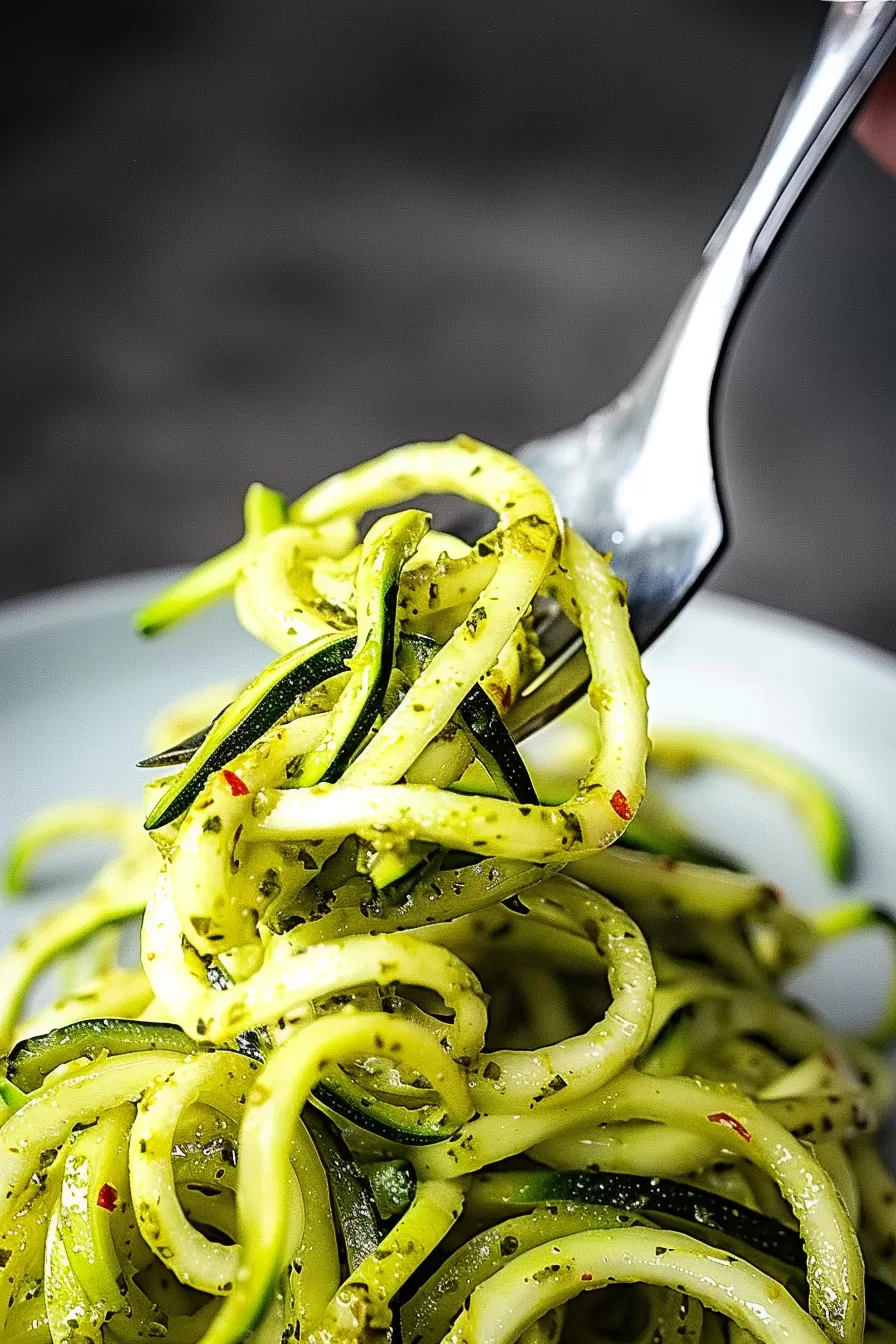 A fork twirling a portion of zucchini noodles coated in creamy pesto sauce, with a hint of chili flakes.