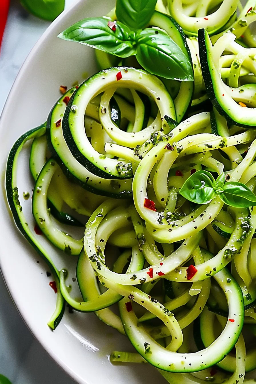 Zucchini noodles plated beautifully with basil leaves and a sprinkle of black pepper for a light and healthy dish.