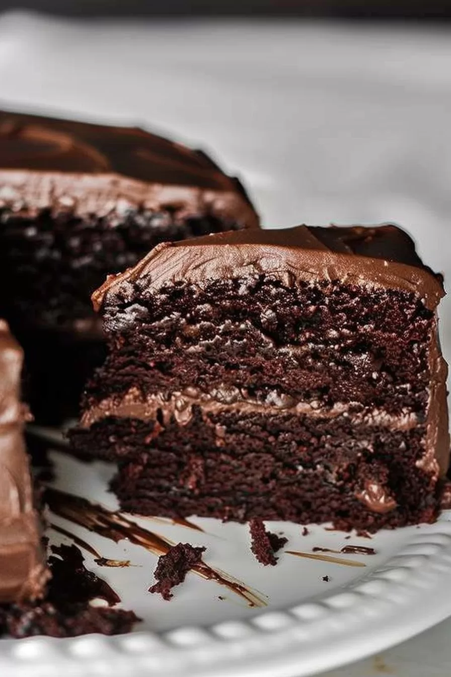 Close-up of a decadent chocolate cake with thick layers of cream cheese frosting, topped with glossy chocolate ganache.