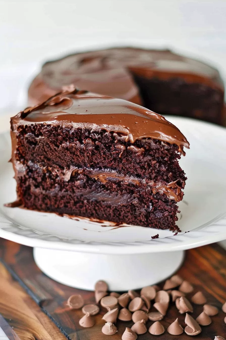 A piece of chocolate cake with smooth chocolate frosting, served with chocolate chips on the side for garnish.