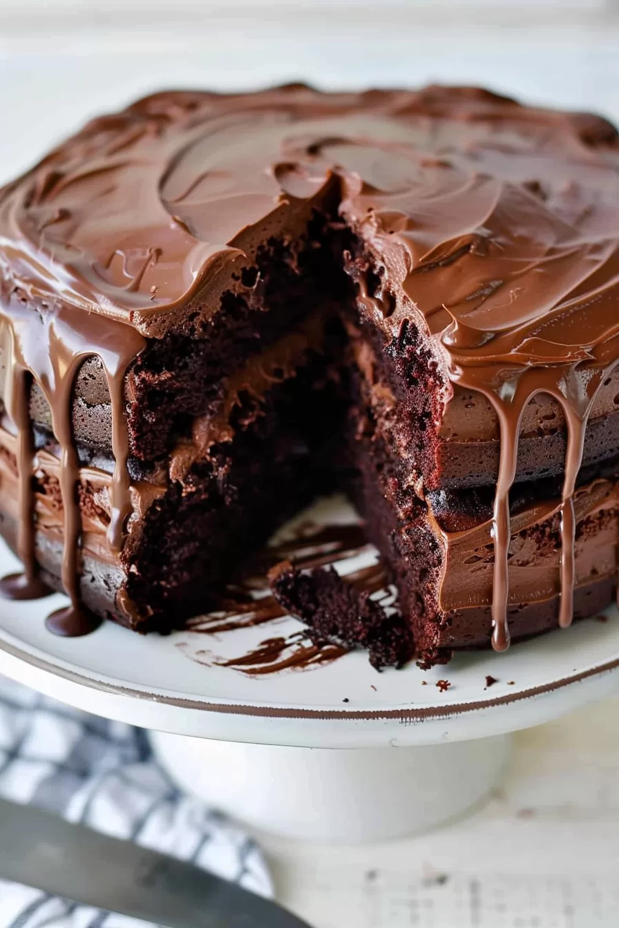 A whole chocolate cake covered in chocolate cream cheese frosting with a single slice removed, revealing the layered filling.