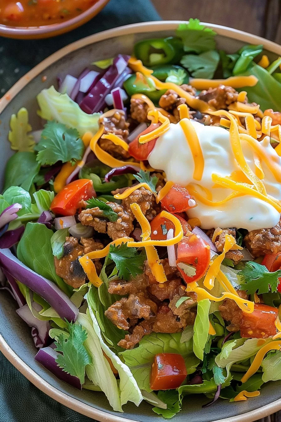 Hearty keto taco salad served in a ceramic bowl, featuring lettuce, seasoned meat, shredded cheese, and a tangy sour cream topping.