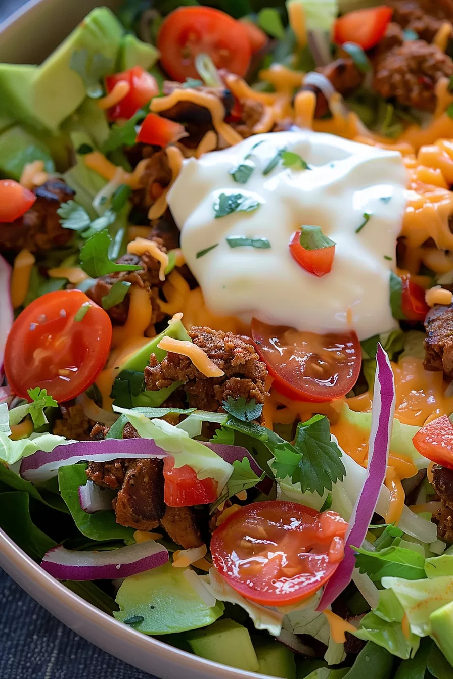 Close-up of a vibrant taco salad with fresh avocado chunks, red onions, and jalapeño slices, drizzled with a creamy dressing.