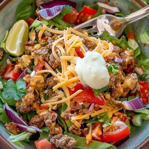 A fork digging into a bowl of keto taco salad with bright greens, cheddar cheese, ground beef, and cherry tomatoes.