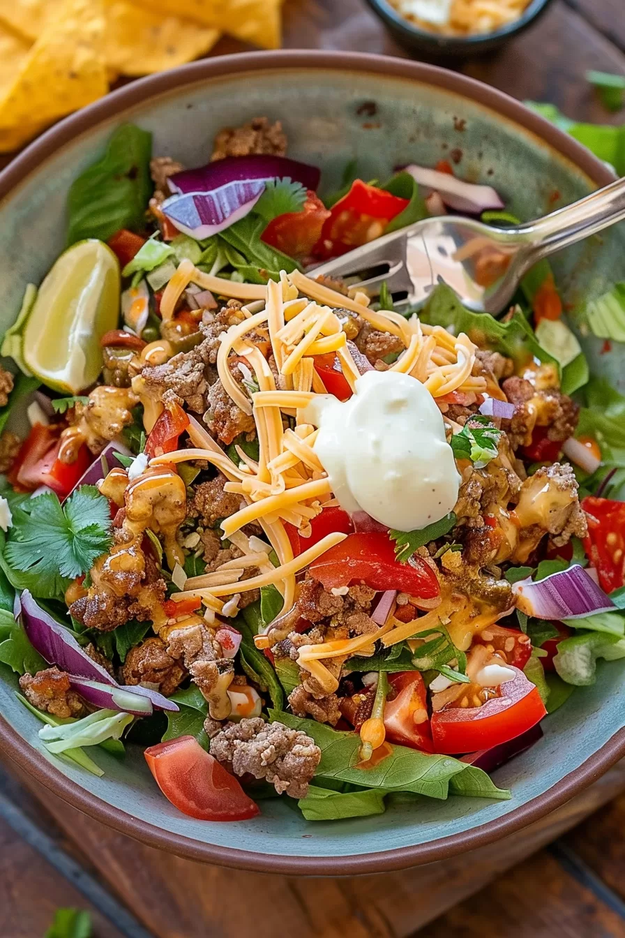 A fork digging into a bowl of keto taco salad with bright greens, cheddar cheese, ground beef, and cherry tomatoes.