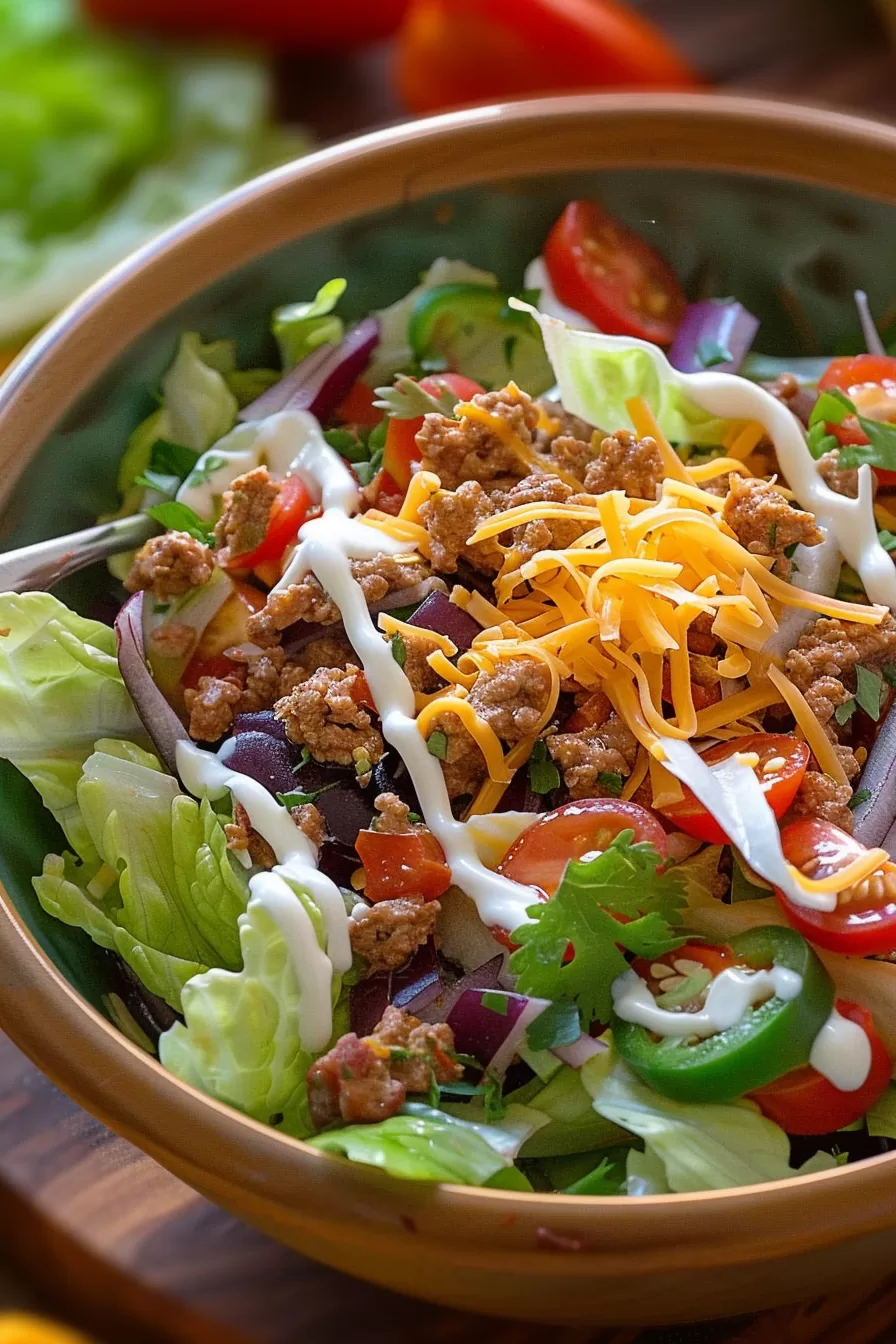 A colorful bowl of mixed greens topped with seasoned ground beef, diced tomatoes, shredded cheddar cheese, and a dollop of sour cream.