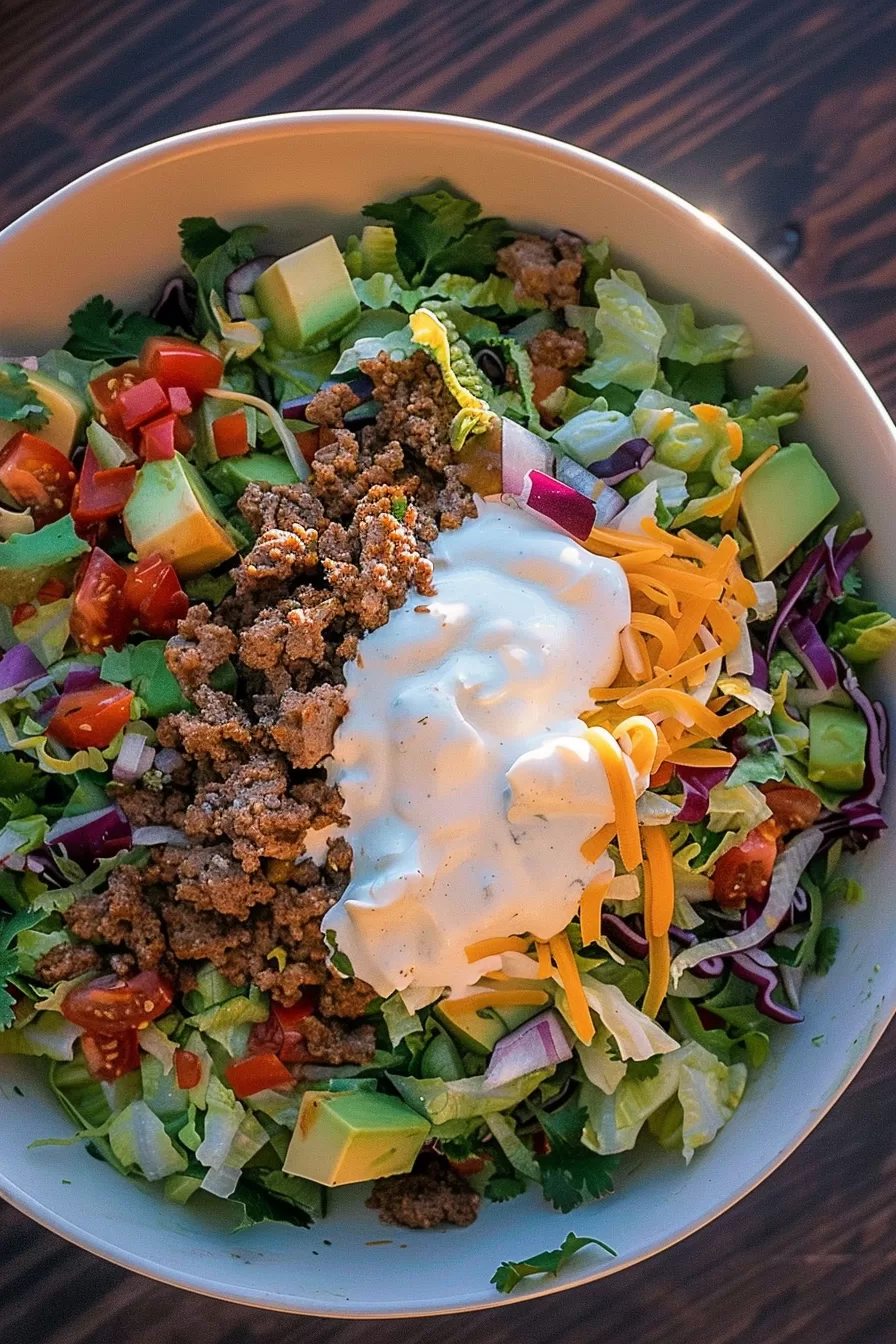 A fresh keto taco salad with layers of crispy lettuce, juicy tomatoes, savory beef, and creamy sour cream, perfect for a low-carb meal.