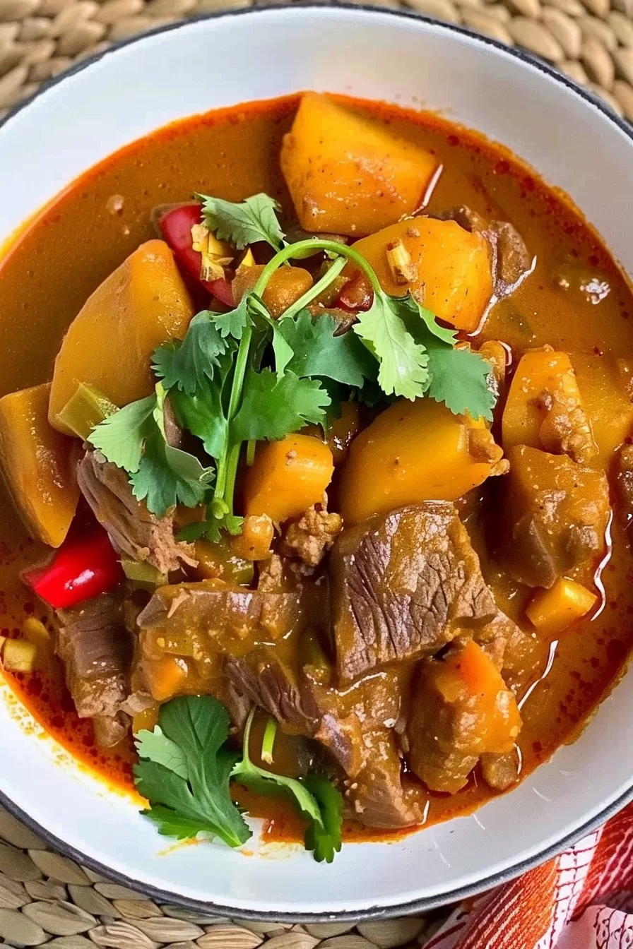 Top-down view of a comforting slow cooker beef curry massaman served in a white bowl, showing the rich, red curry sauce and fresh herbs.