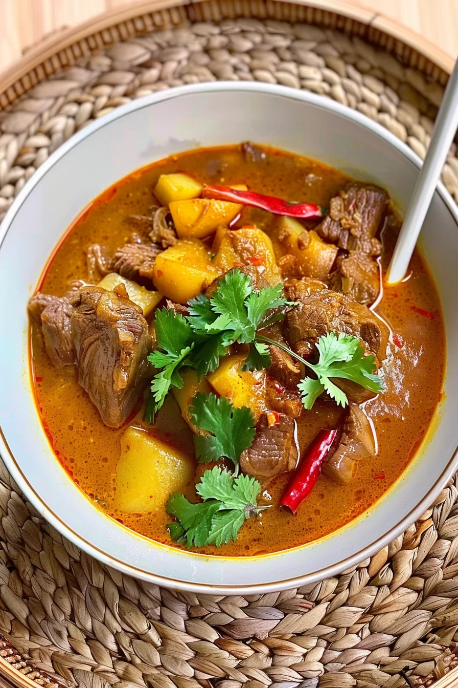 A hearty serving of slow cooker beef curry massaman, highlighting the tender beef, golden potatoes, and a sprinkle of cilantro leaves.