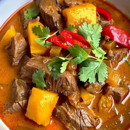 Close-up shot of beef curry massaman in a ceramic bowl with visible chunks of beef, potatoes, and red chili peppers, garnished with cilantro.