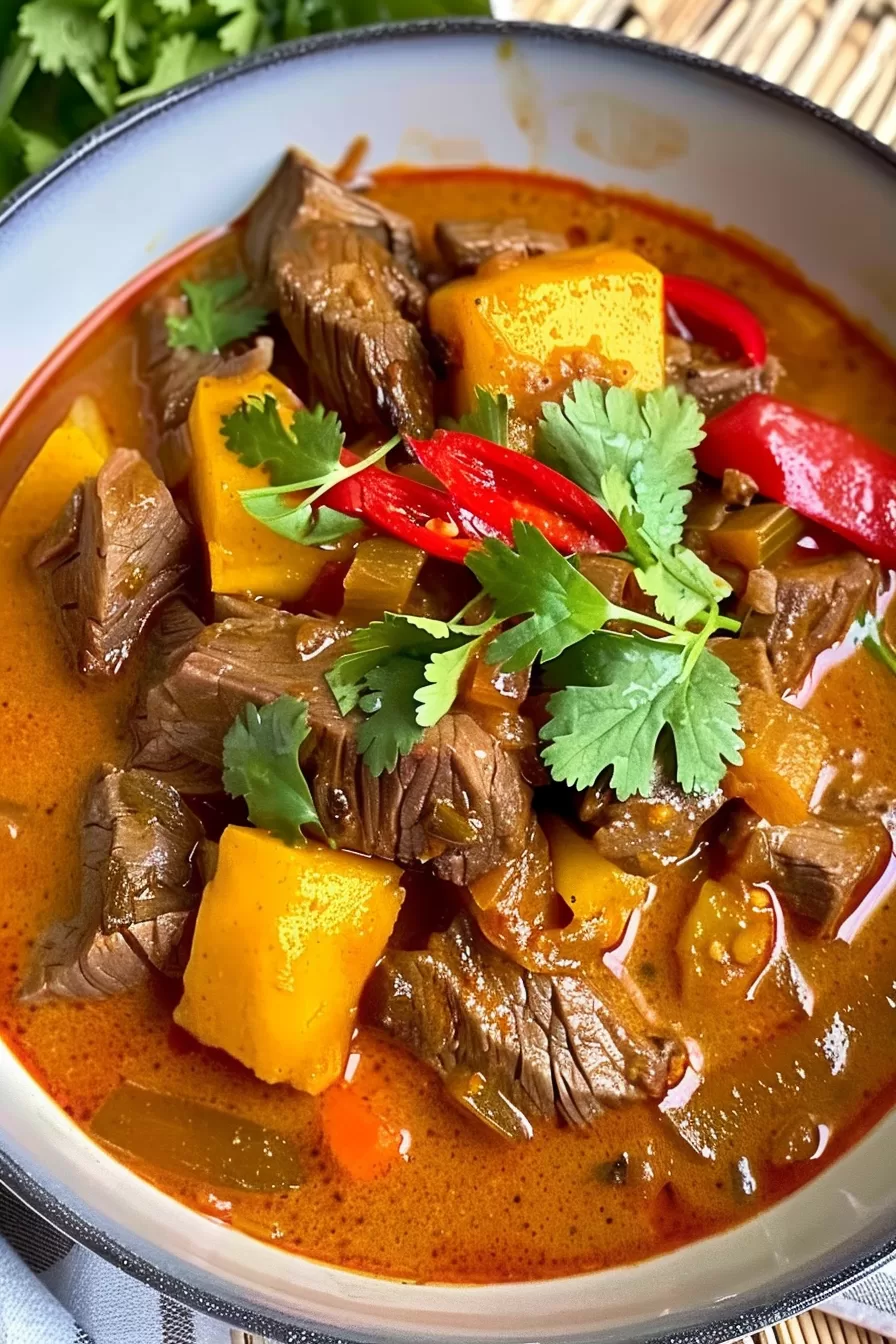 Close-up shot of beef curry massaman in a ceramic bowl with visible chunks of beef, potatoes, and red chili peppers, garnished with cilantro.