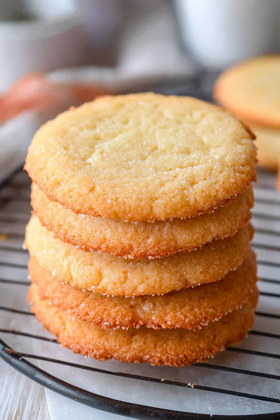 Close-up view of freshly baked cookies with a golden-brown color, arranged on a cooling rack.