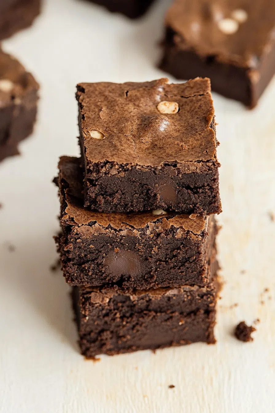 Close-up of dense, chocolatey squares with a moist texture.