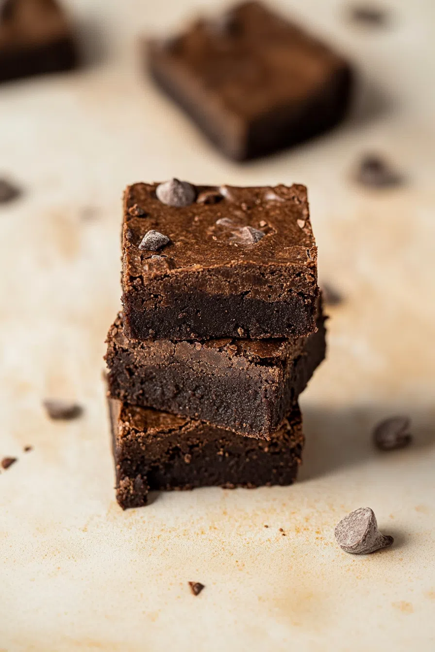 Chewy, gooey brownies with a smooth, shiny crust.