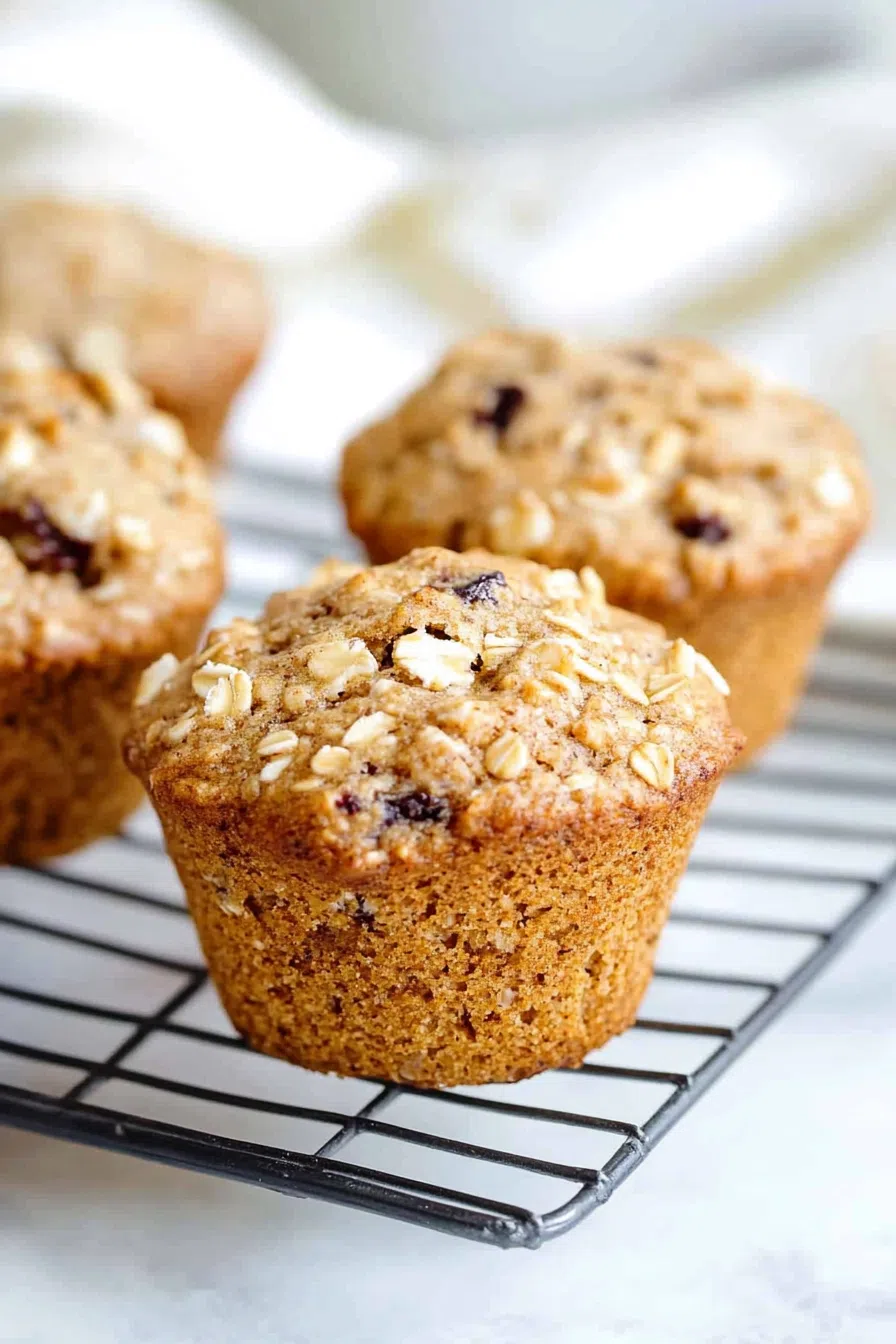 Freshly baked banana muffins cooling on a wire rack with a golden-brown crust.