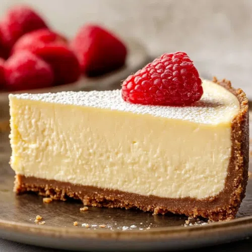 A slice of creamy cheesecake on a white plate, topped with a few fresh berries and a drizzle of honey.