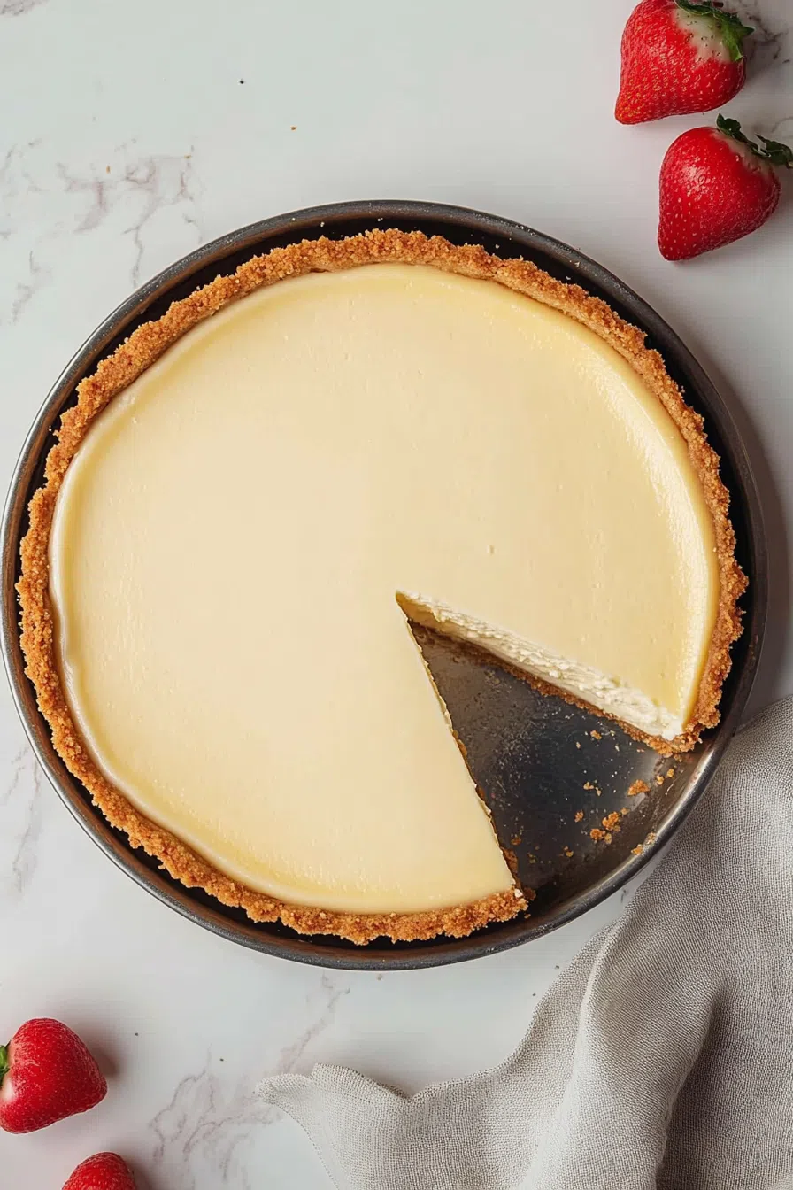 The entire cheesecake on a serving platter, showcasing the clean edges and glossy top layer.