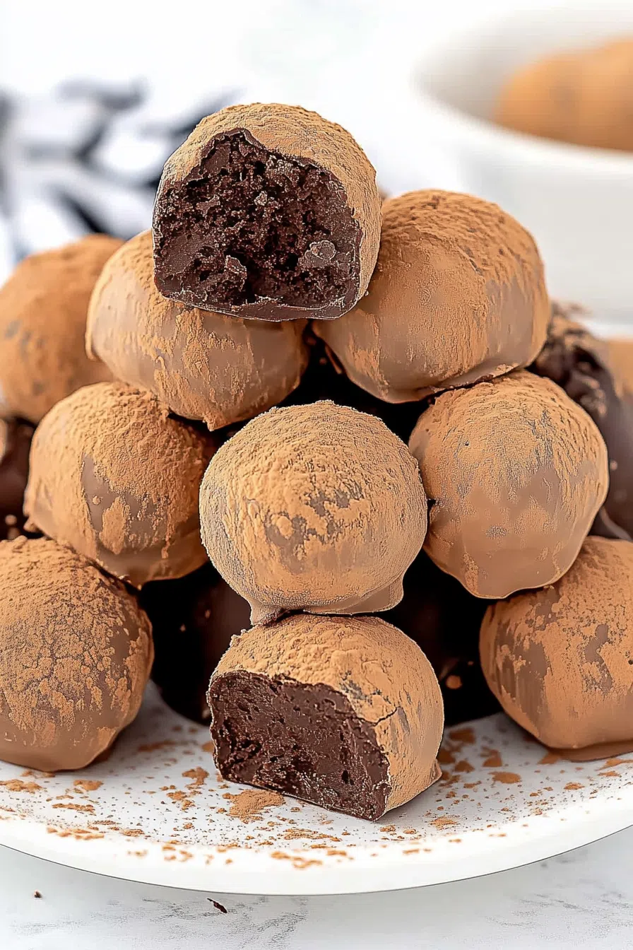 A close-up of a chocolate truffle, showcasing its smooth surface and rich, dark color.