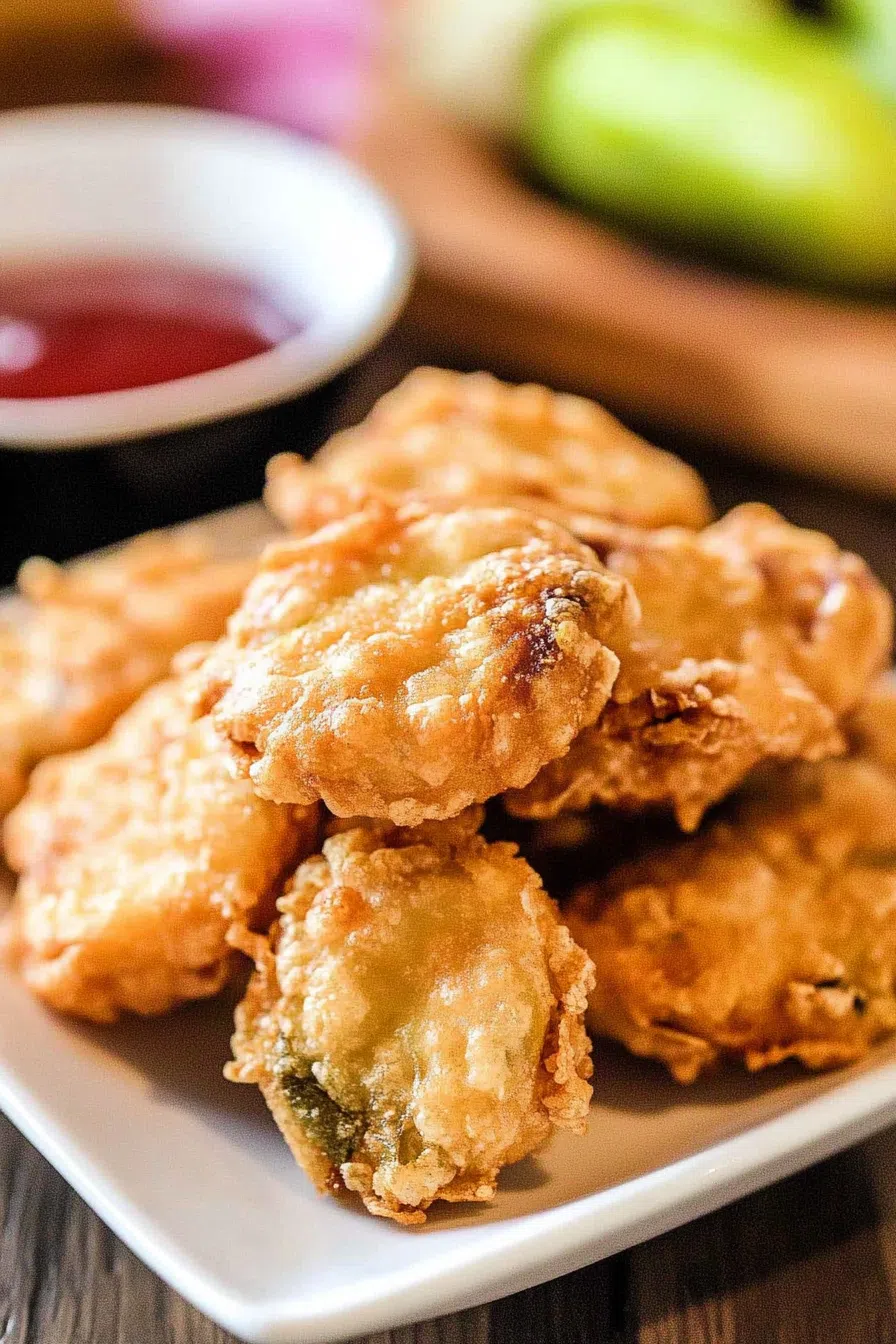 Bite-sized fried snacks served with a side of dipping sauce.