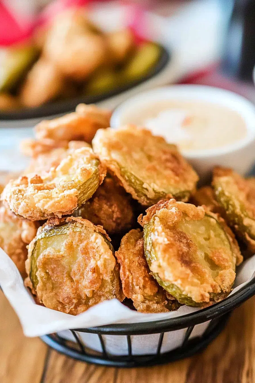 A few fried pickles on a serving platter, garnished with a sprinkle of chopped herbs for added color.