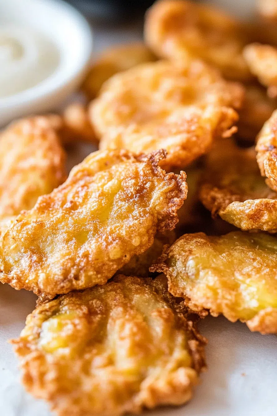 An overhead shot of a basket filled with fried pickles, lined with parchment paper for a casual presentation.