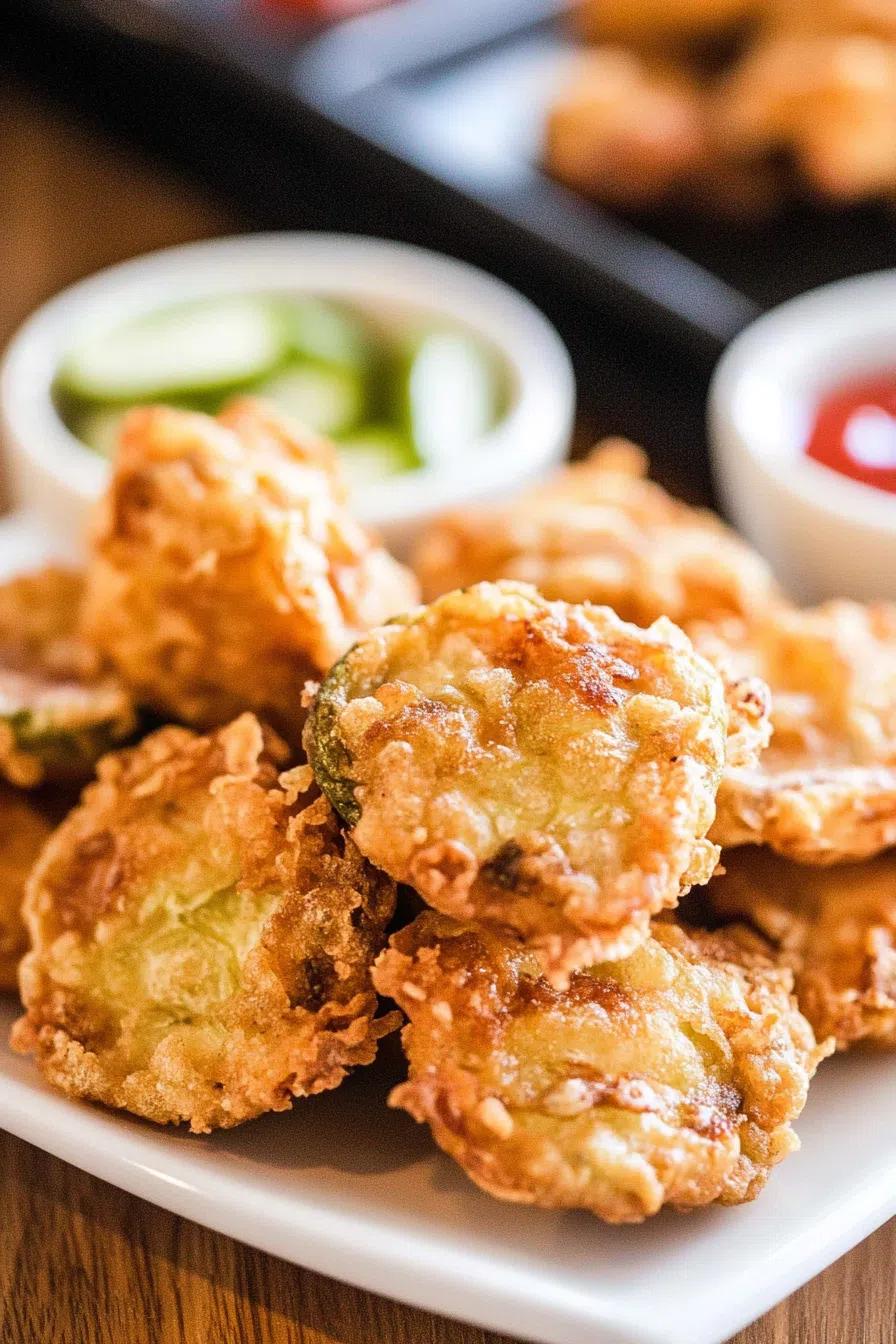 A close-up of a single fried pickle, highlighting its golden-brown crust and crunchy texture.