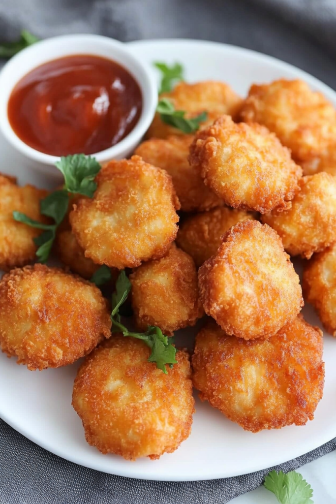 A few chicken nuggets on a serving platter, garnished with fresh herbs for added color.