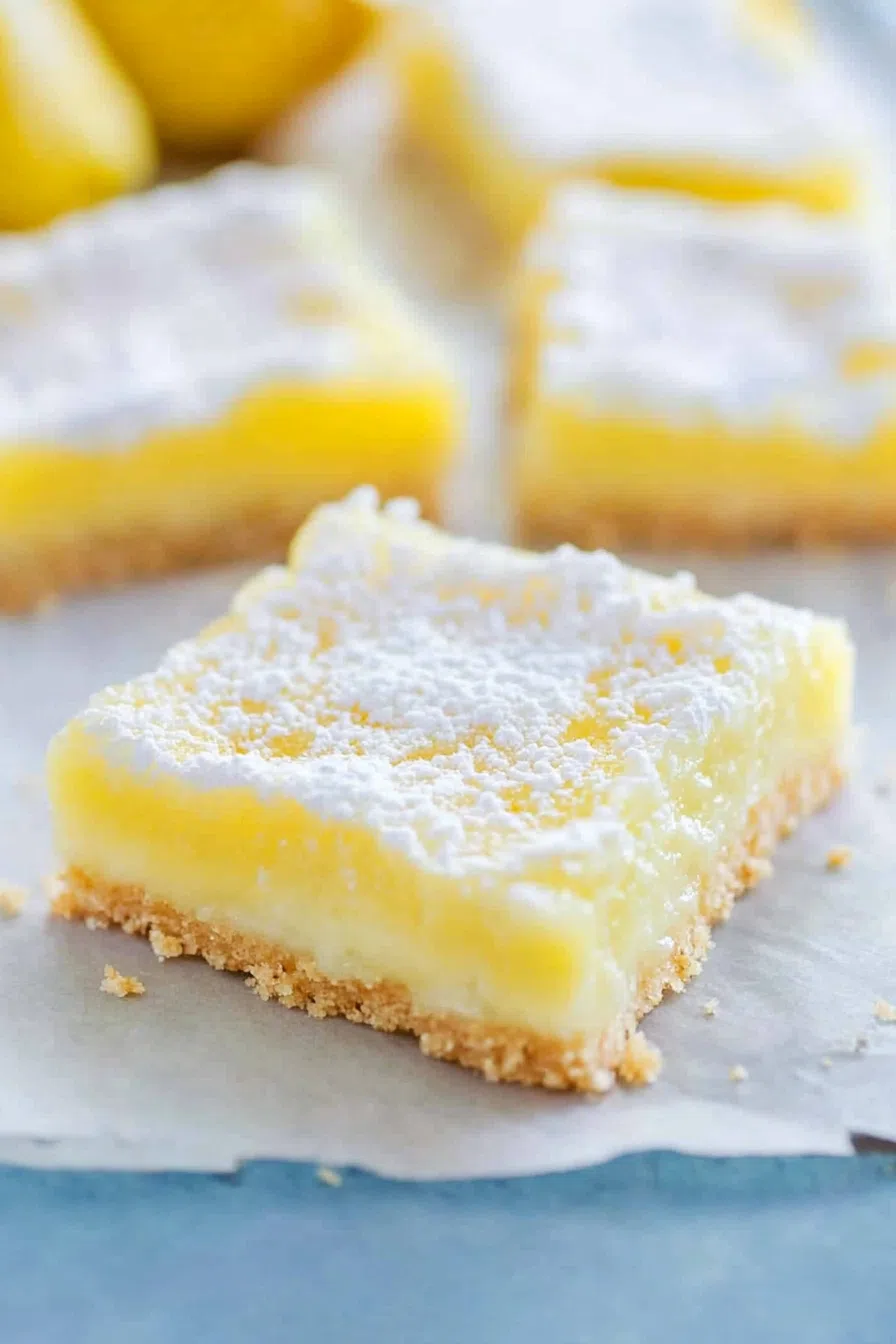 A close-up of a single lemon bar, highlighting its smooth, glossy top and crumbly crust.
