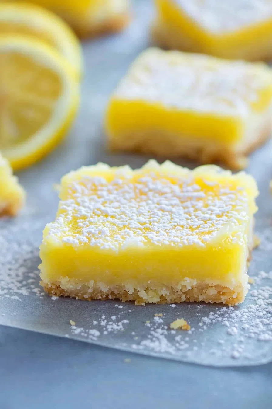 A few lemon bars stacked on a plate, showcasing their bright yellow filling and buttery crust.