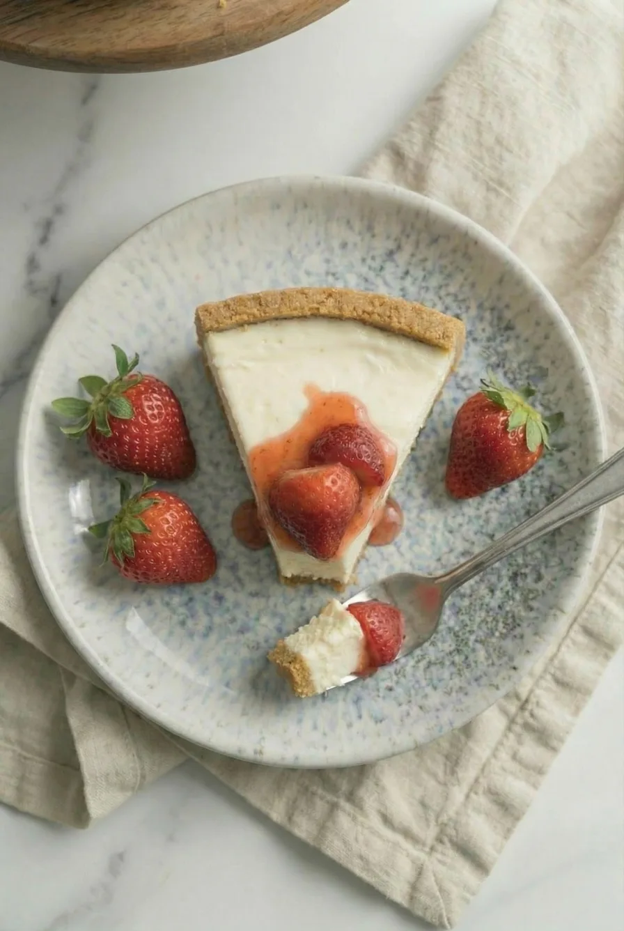 Creamy no-bake cheesecake slice topped with fresh strawberries and strawberry sauce on a ceramic plate.