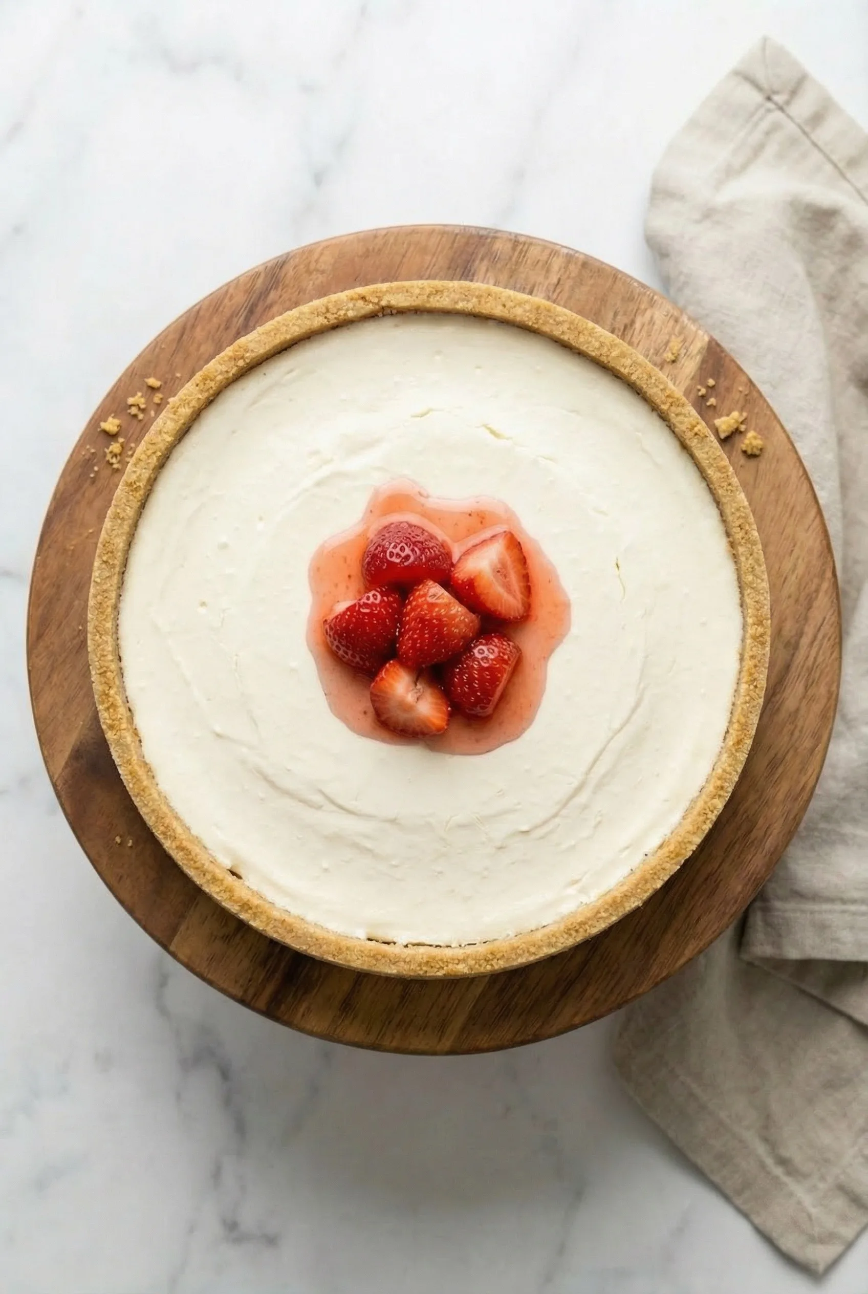 Whole Philadelphia 3 Ingredient Cheesecake on a wooden cake stand with strawberries centered on top.