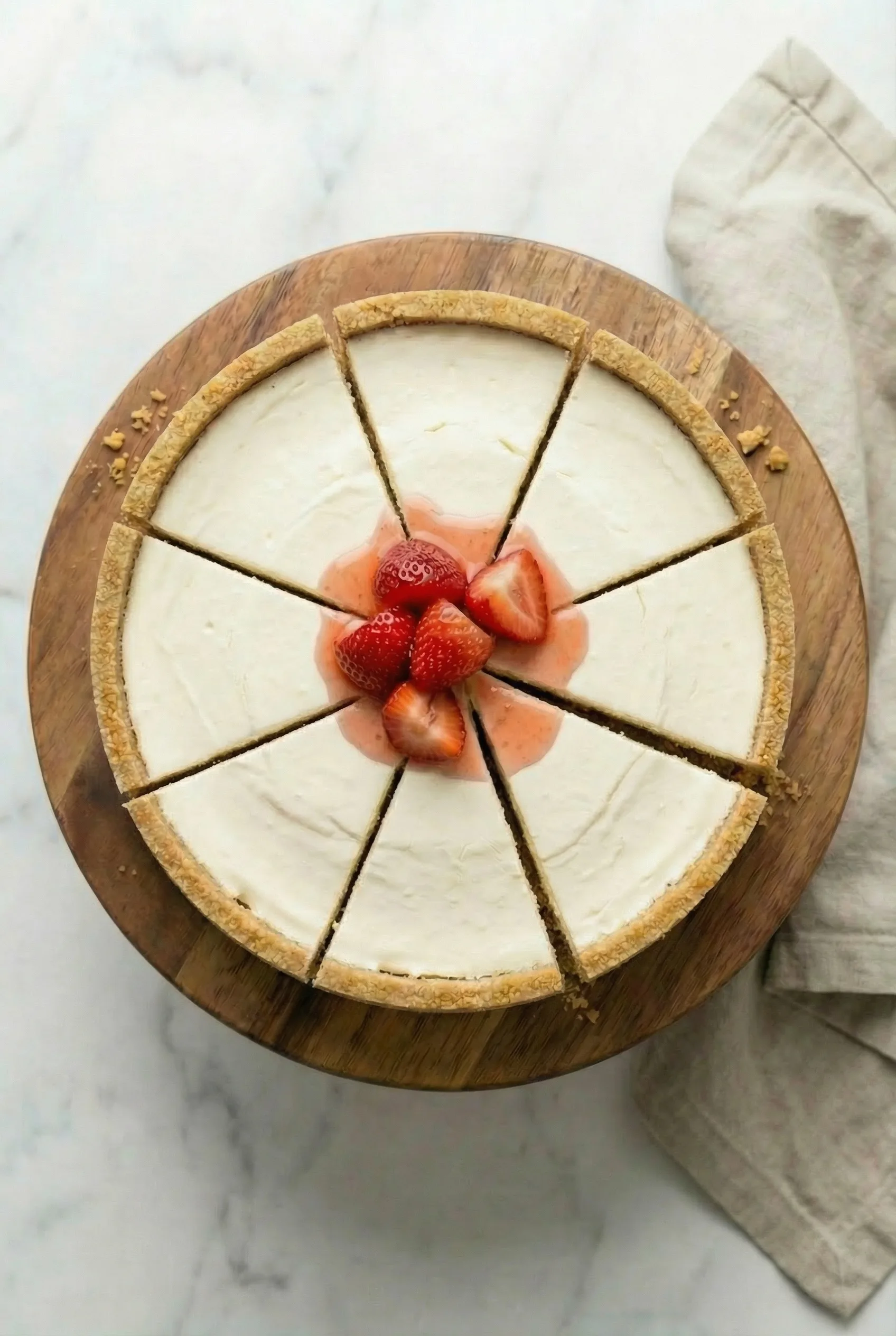 Top-down view of a sliced no-bake cheesecake with strawberry topping arranged in the center.